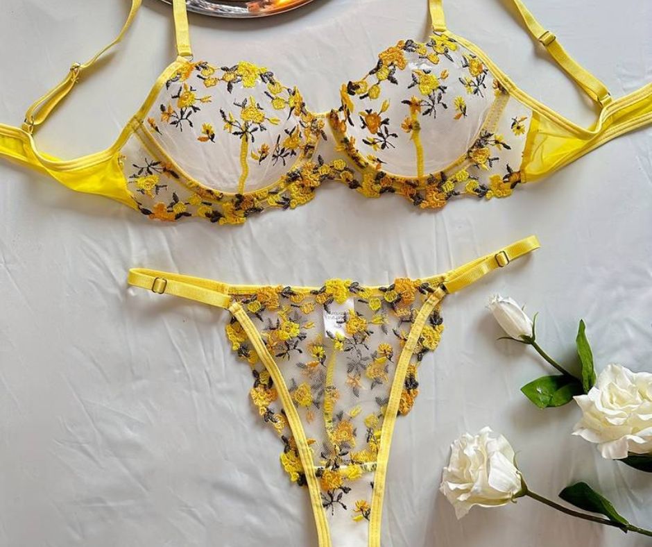 Floral Embroidery Lingerie Set Yellow