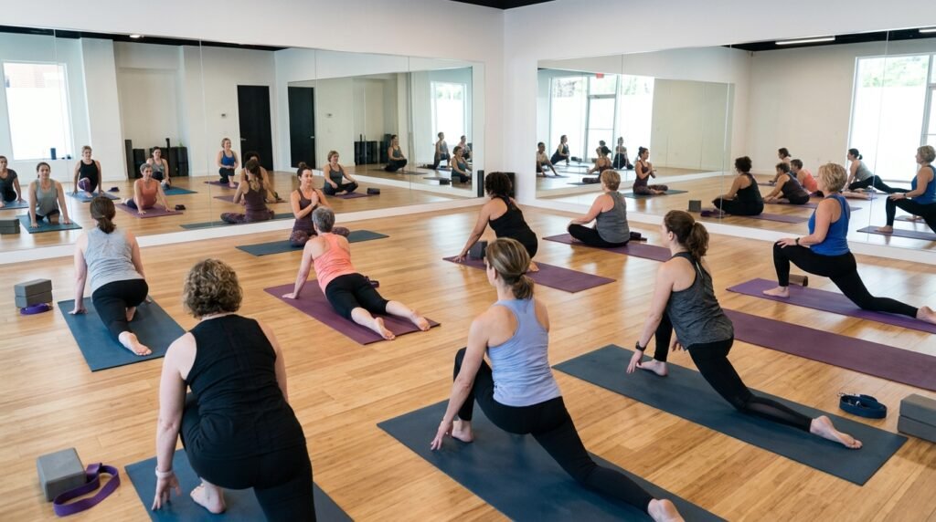 Simple beginner yoga poses demonstrated in a fitness studio